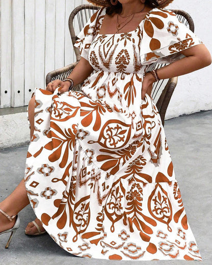 Blue Porcelain Square Neck Print Maxi Dress