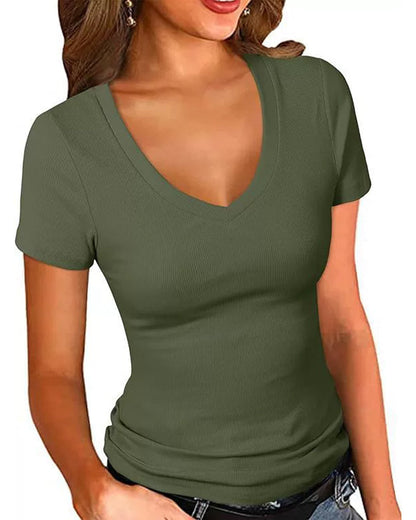Ribbed Slim Fit V-Neck Short Sleeve T-Shirt