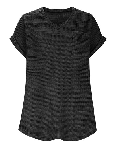 Women's Waffle Knit V-Neck Casual Summer T-shirt