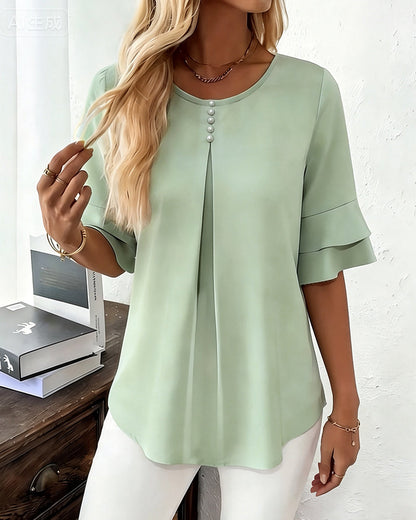 Crewneck Faux Pearl Button Ruffle Blouse