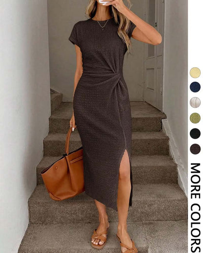 Twist-Knot Cinched Waist Side-Slit Dress