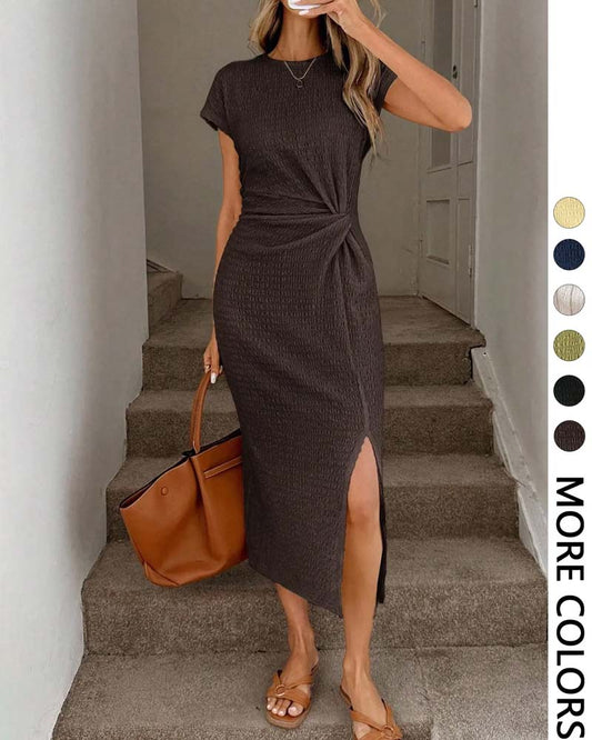 Twist-Knot Cinched Waist Side-Slit Dress