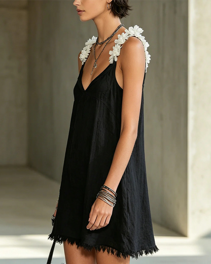 Three-Dimensional Flower V-Neck Dress