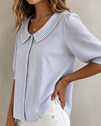 Peter Pan Collar Lantern Sleeve Striped Blouse