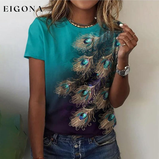 Casual Feather Print T-Shirt Green best Best Sellings clothes Plus Size Sale tops Topseller
