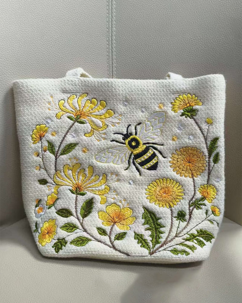 Handmade Crochet Bee Embroidered Tote Bag