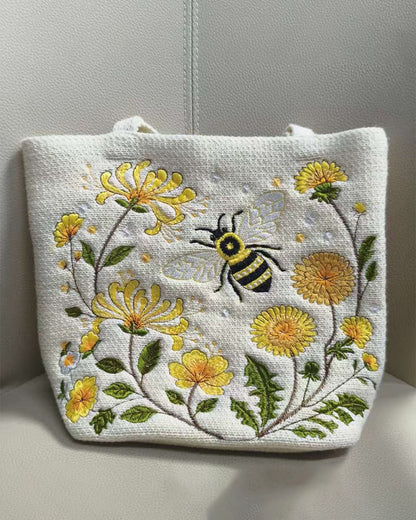 Handmade Crochet Bee Embroidered Tote Bag
