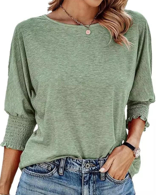 Loose Round Neck Shirred Cuff T Shirt blouses & shirts spring summer