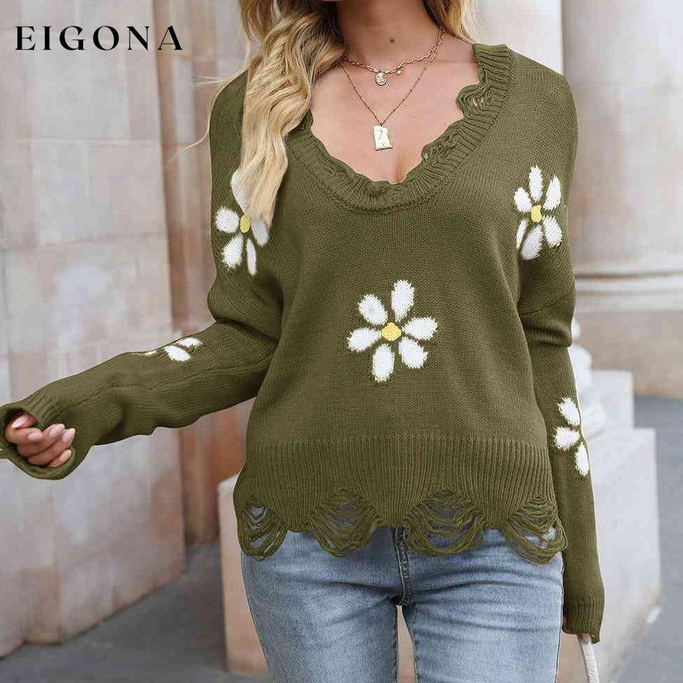 Flower Distressed Long Sleeve Sweater Olive Brown clothes Ship From Overseas X.X.W