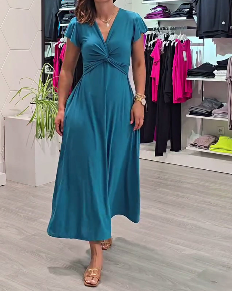 Short-Sleeved Solid Color Twisted Temperament Dress
