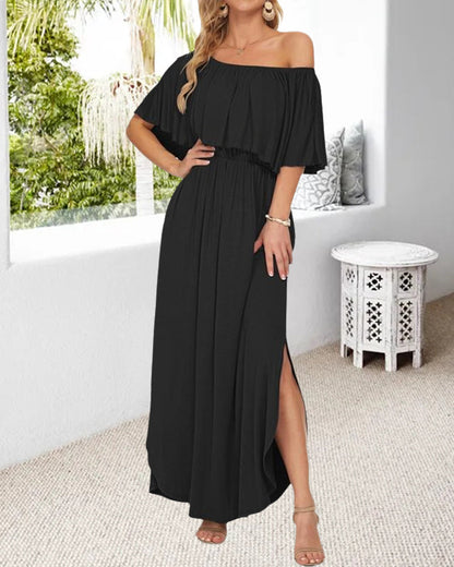 Off-Shoulder Ruffle Slit Dress