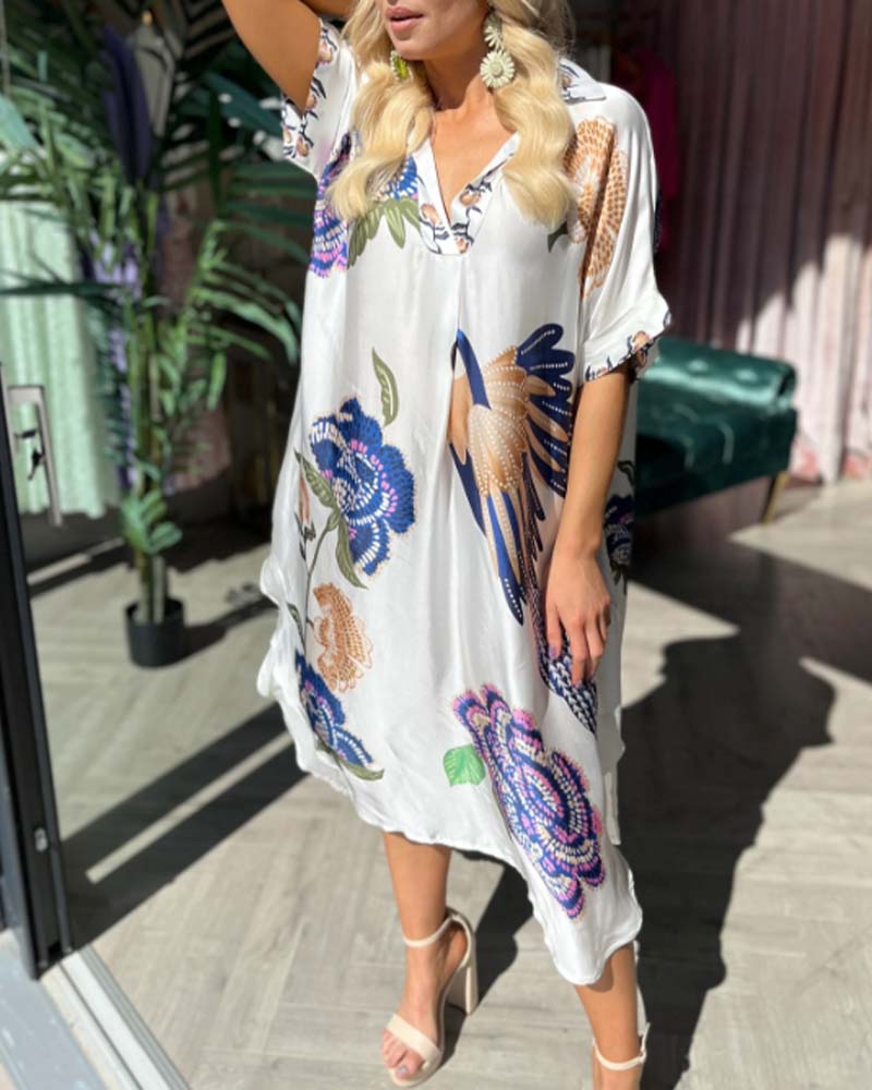 V-neck printed loose dress casual dresses summer