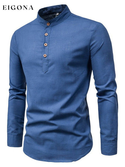 Men's Solid Color Button Stand Collar Long Sleeve Cotton Linen POLO Shirt men s linens