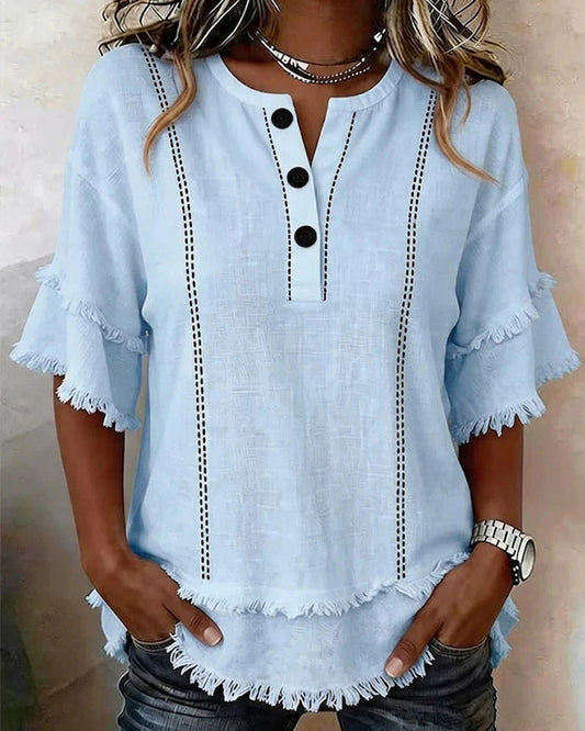 V-Neck Ruffle Layer Half Placket Button Blouse blouses & shirts spring summer