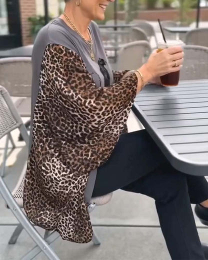 Cheetah Print Patchwork-Sleeve Top