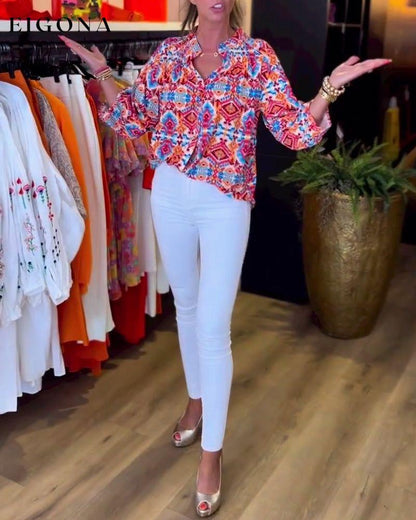 Colorful printed v-neck long-sleeve top Blouses & Shirts Spring Summer