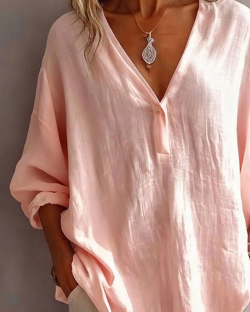 Deep V-Neck Button Half-Placket Linen Blouse