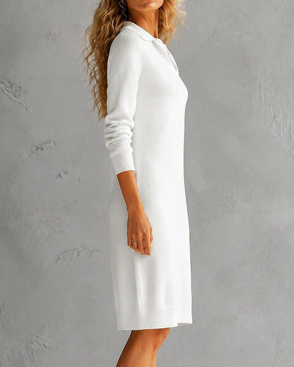 Lapel V-Neck Fitted Long Sleeve Dress