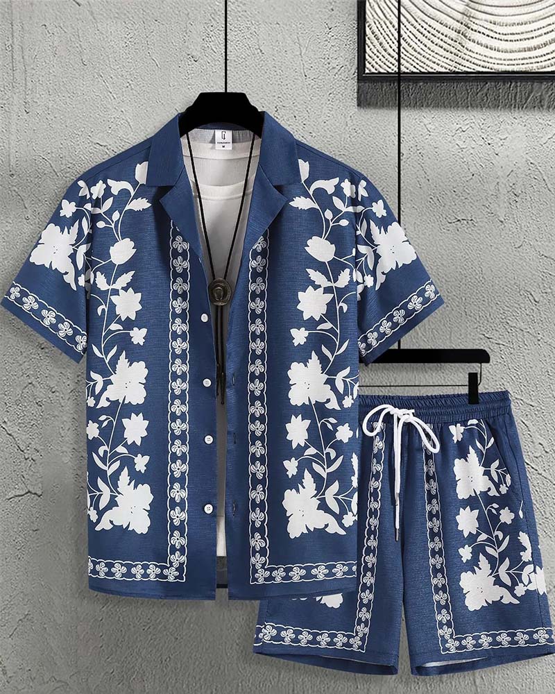 Men's Blue Porcelain Button Front Short Sleeve Set