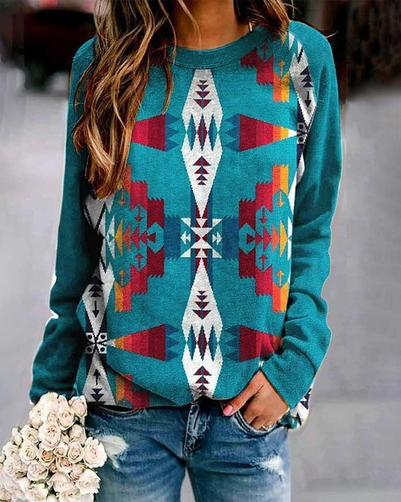 Women's Vintage Ethnic Printed Long Sleeve Sweatshirt 2024 f/w sweatshirts western style