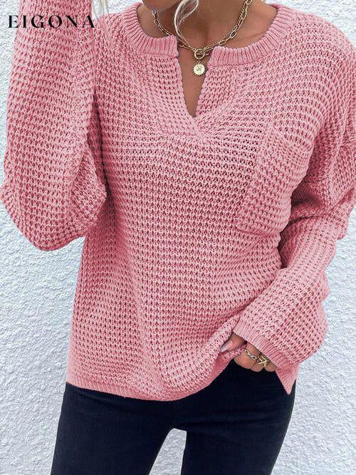 Notched Long Sleeve Sweater clothes long sleeve shirts Ship From Overseas shirts top tops X.W