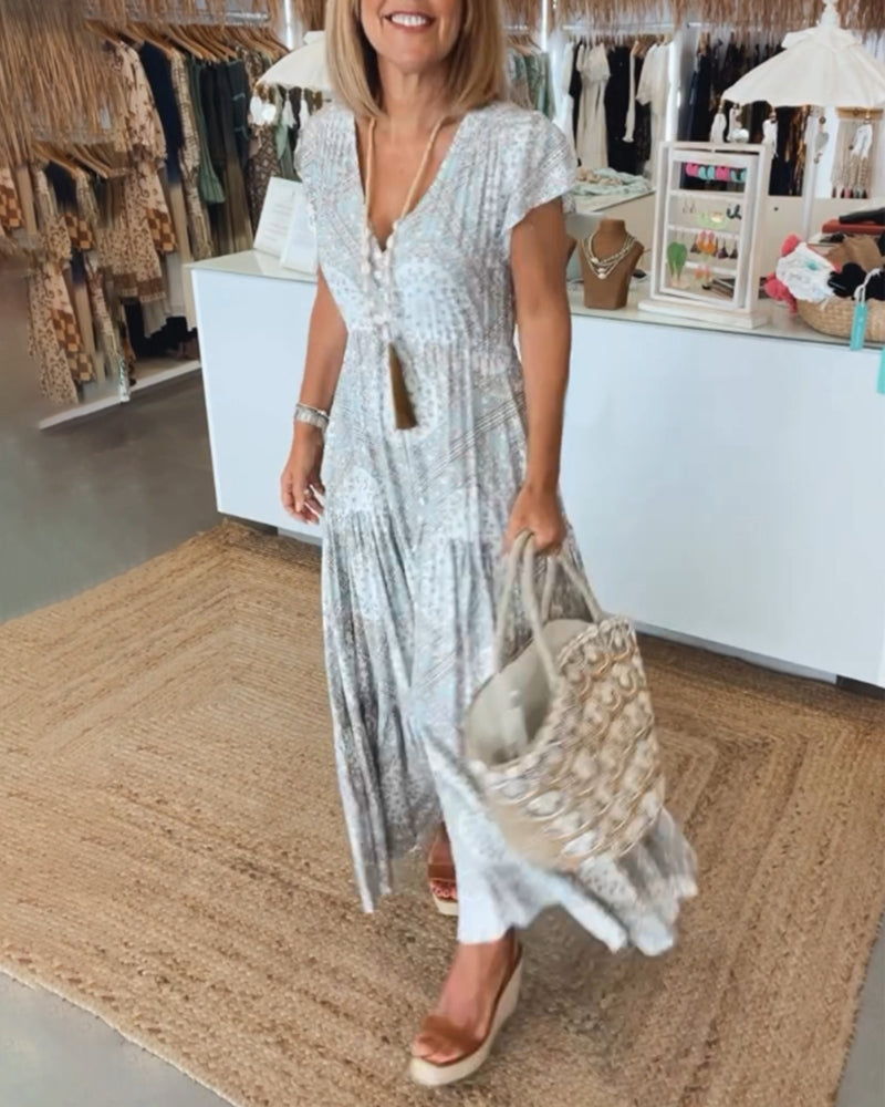 Vacation print V-neck split sleeve dress 202466 summer vacation dresses