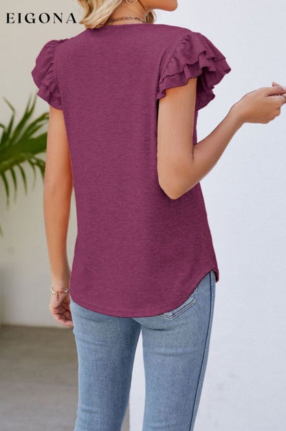 Smocked Flutter Sleeve V-Neck Top clothes Lamy Ship From Overseas Shipping Delay 09/29/2023 - 10/02/2023 shirt shirts short sleeve top tops trend