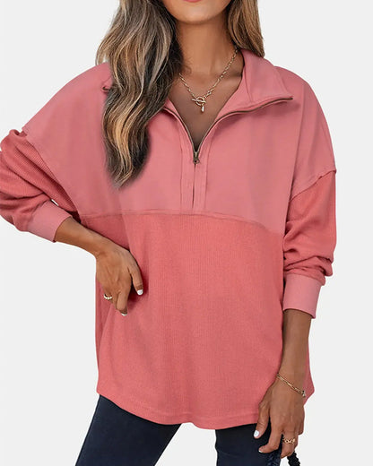 Half Zip Waffle Patchwork Sweatshirt