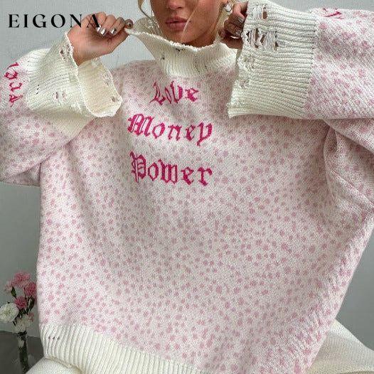Women's loose letter embroidered holed long sleeve Turtleneck sweater White FREESIZE clothes Sweater sweaters