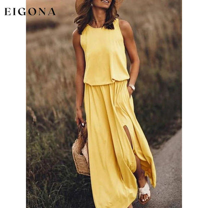 Women's Round Neck Sleeveless Dress Slit Multicolor Solid Color Long Dress Yellow Clothes dresses maxi dress