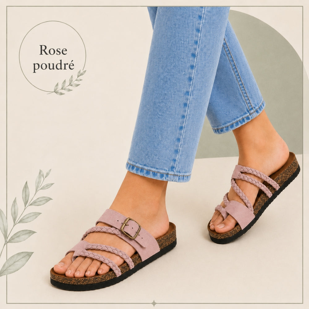 Tressée | Orthopedic Woven Leather Mules Cork Sole Comfortable Summer Rose Poudré boho shoes women comfortable summer shoes cork sole shoes orthopedic mules woven leather sandals