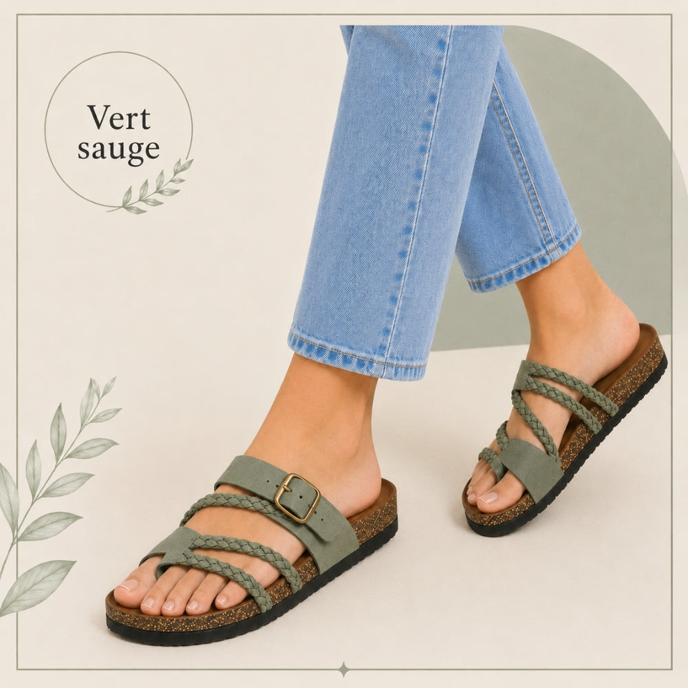 Tressée | Orthopedic Woven Leather Mules Cork Sole Comfortable Summer Vert Sauge boho shoes women comfortable summer shoes cork sole shoes orthopedic mules woven leather sandals