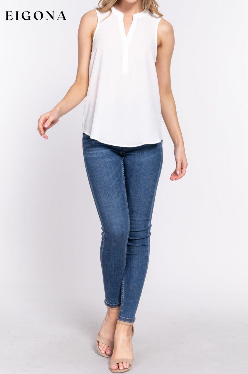 Sleeveless Henley Neck Woven Top APPAREL CCPRODUCTS clothes NEW ARRIVALS Off White shirt shirts top TOPS