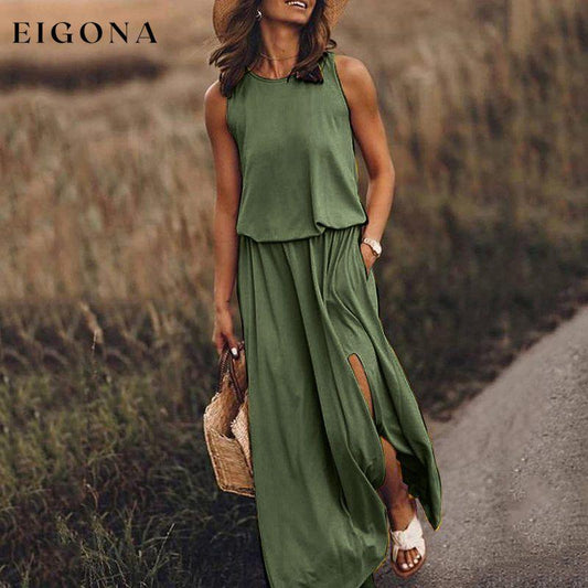 Women's Round Neck Sleeveless Dress Slit Multicolor Solid Color Long Dress Green black jasper Clothes dresses maxi dress