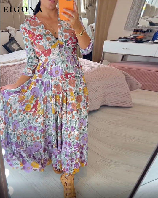 Pastoral style printed v-neck dress Multicolored 23BF Casual Dresses Clothes Dresses Spring Summer
