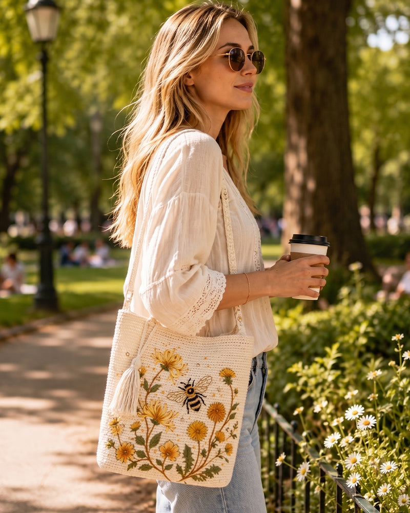 Handmade Crochet Bee Embroidered Tote Bag
