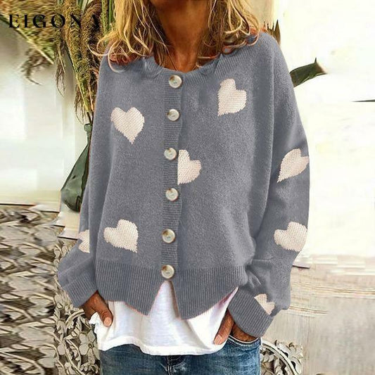 Heart Print Knitted Cardigan Gray Best Sellings cardigan cardigans clothes Plus Size Sale tops Topseller