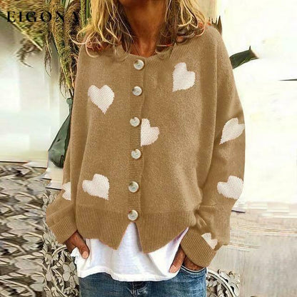 Heart Print Knitted Cardigan Khaki Best Sellings cardigan cardigans clothes Plus Size Sale tops Topseller