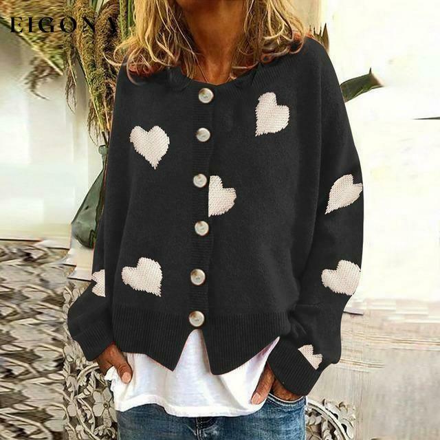 Heart Print Knitted Cardigan Black Best Sellings cardigan cardigans clothes Plus Size Sale tops Topseller
