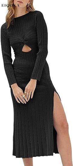 New hollow round neck solid color long sleeve slit knitted ribbed dress Black casual dresses clothes dress dresses long dress long sleeve dresses midi dress
