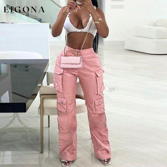 Women's PU imitation leather sexy high waist work pants Pink Clothes