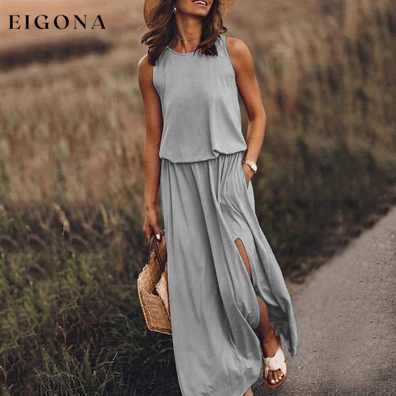 Women's Round Neck Sleeveless Dress Slit Multicolor Solid Color Long Dress Grey Clothes dresses maxi dress