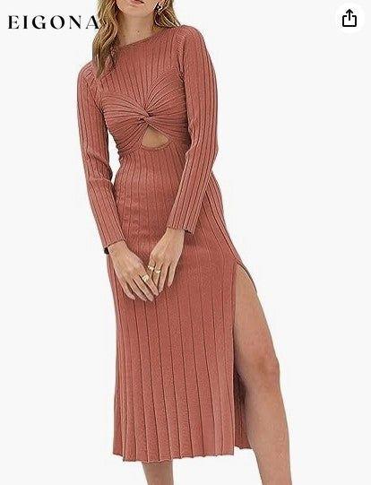 New hollow round neck solid color long sleeve slit knitted ribbed dress Dark red casual dresses clothes dress dresses long dress long sleeve dresses midi dress