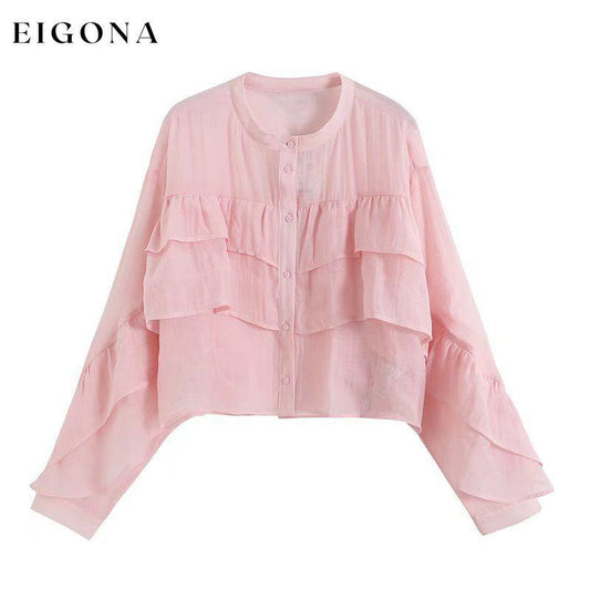 Women's Button Stand Collar Ruffle Shirt blouse Pink clothes long sleeve top long sleeve tops top tops
