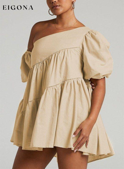 Women's casual loose off-shoulder puff sleeve patchwork short-sleeved dress irregular skirt Cracker khaki clothes dress dresses short dresses