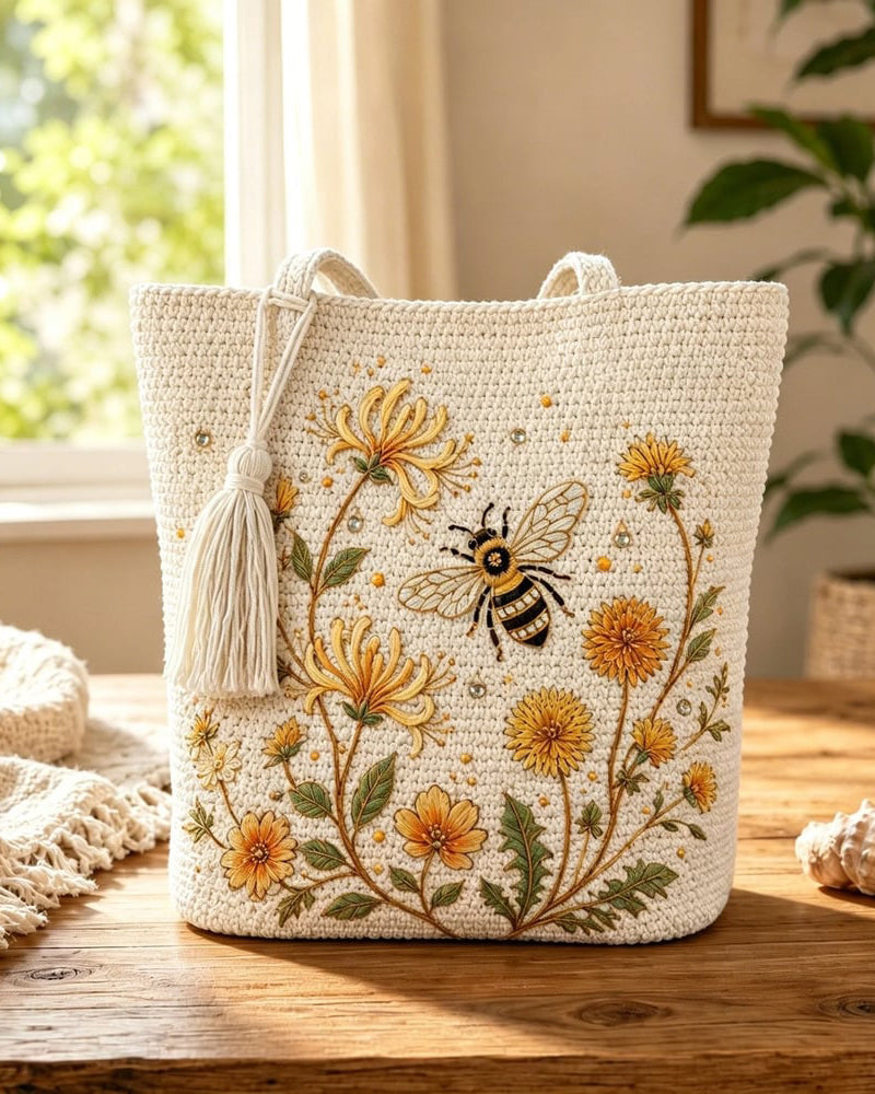 Handmade Crochet Bee Embroidered Tote Bag