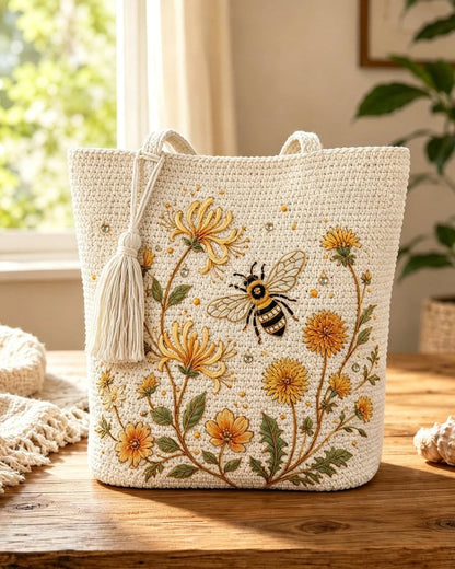 Handmade Crochet Bee Embroidered Tote Bag