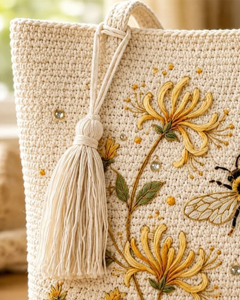 Handmade Crochet Bee Embroidered Tote Bag