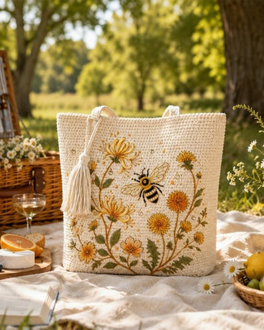 Handmade Crochet Bee Embroidered Tote Bag 2024 f/w bags spring summer