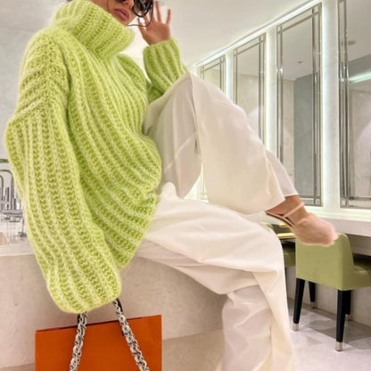 Women's fashion new fluffy long sleeve pullover oversized knit turtleneck sweater Green clothes Sweater sweaters